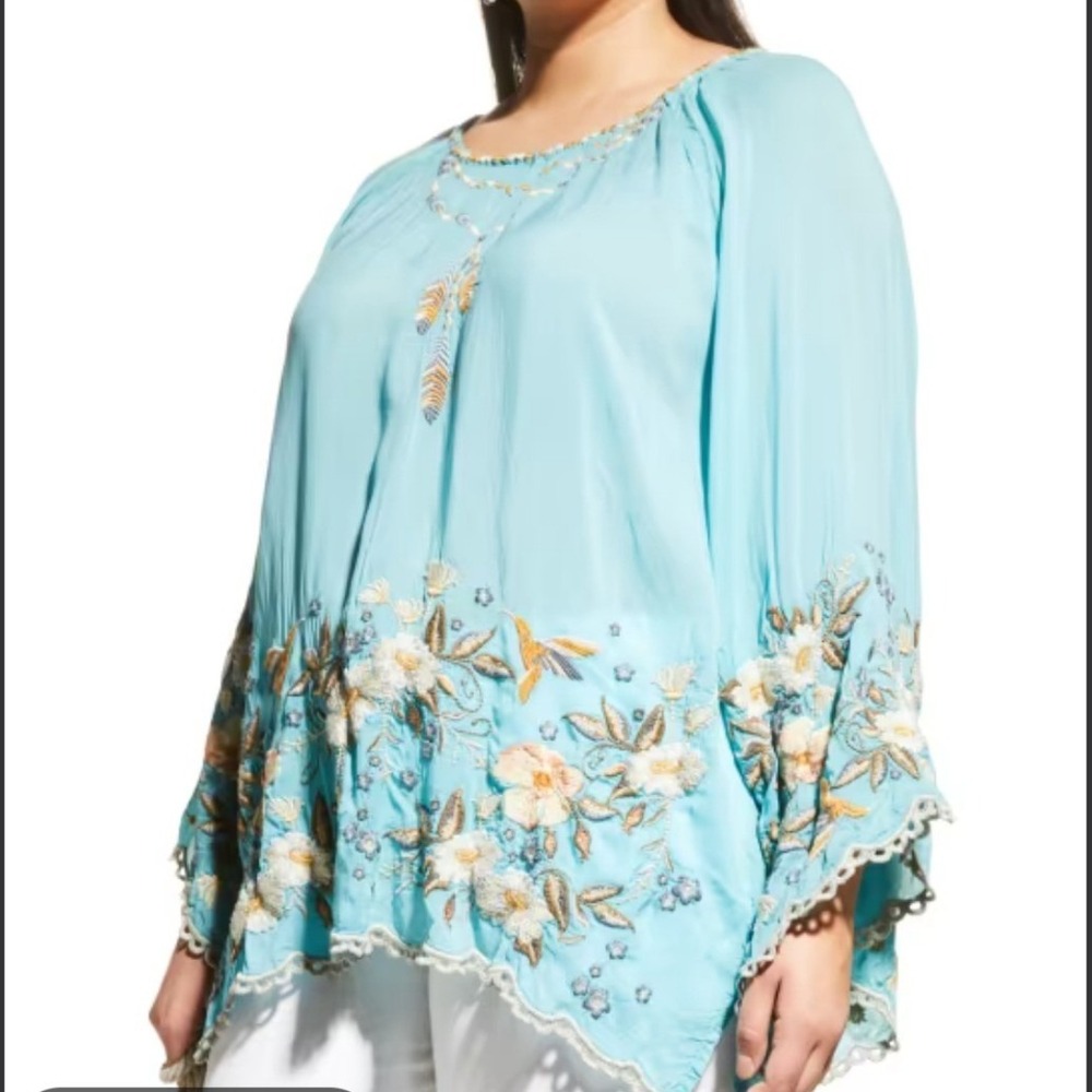 Johnny Was Turquoise Embroidered Bell Sleeve Blouse Size XL Blue Whimsical Boho